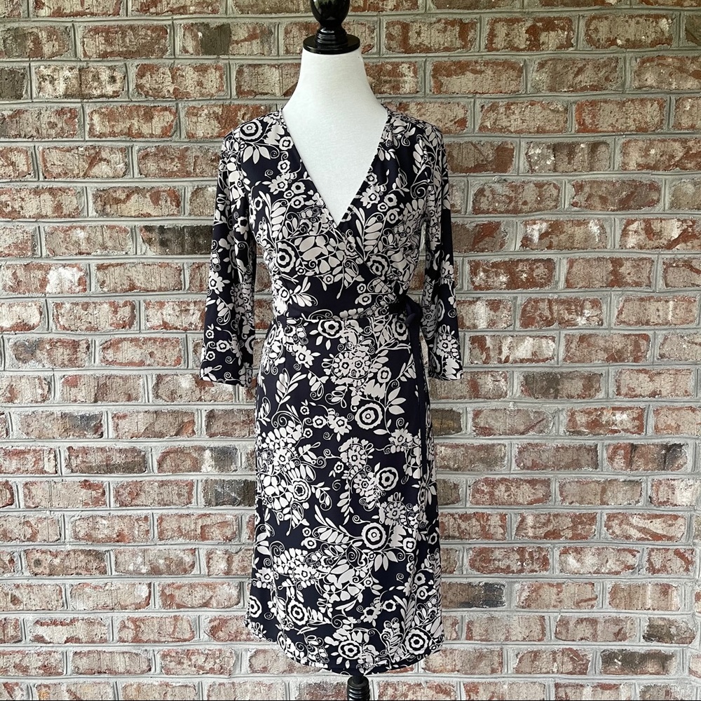 Loft Black Floral 3/4 Sleeve Wrap Dress Sz 4